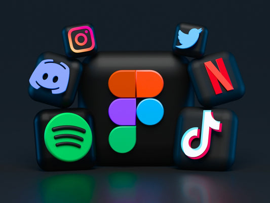 Colourful social media and entertainment app icons arranged on a dark background.