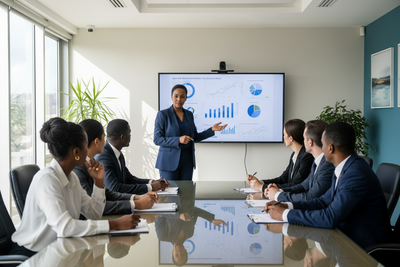 south african person presenting to key stakeholders, confident with reporting onscreen